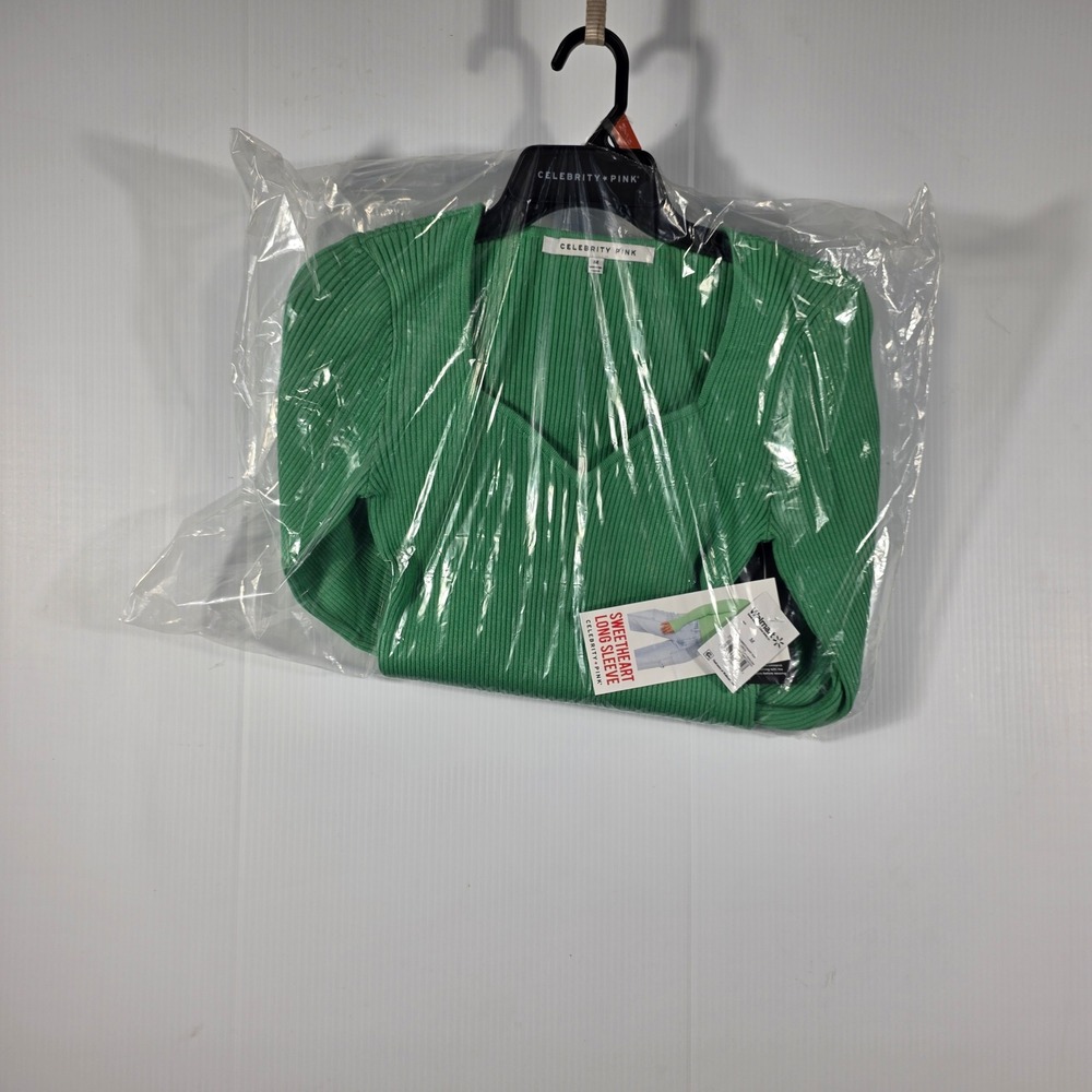 Celebrity Pink Womens Sweetheart Neck Ribbed Long Sleeve Cropped Top Green SizeM - Picture 10 of 10